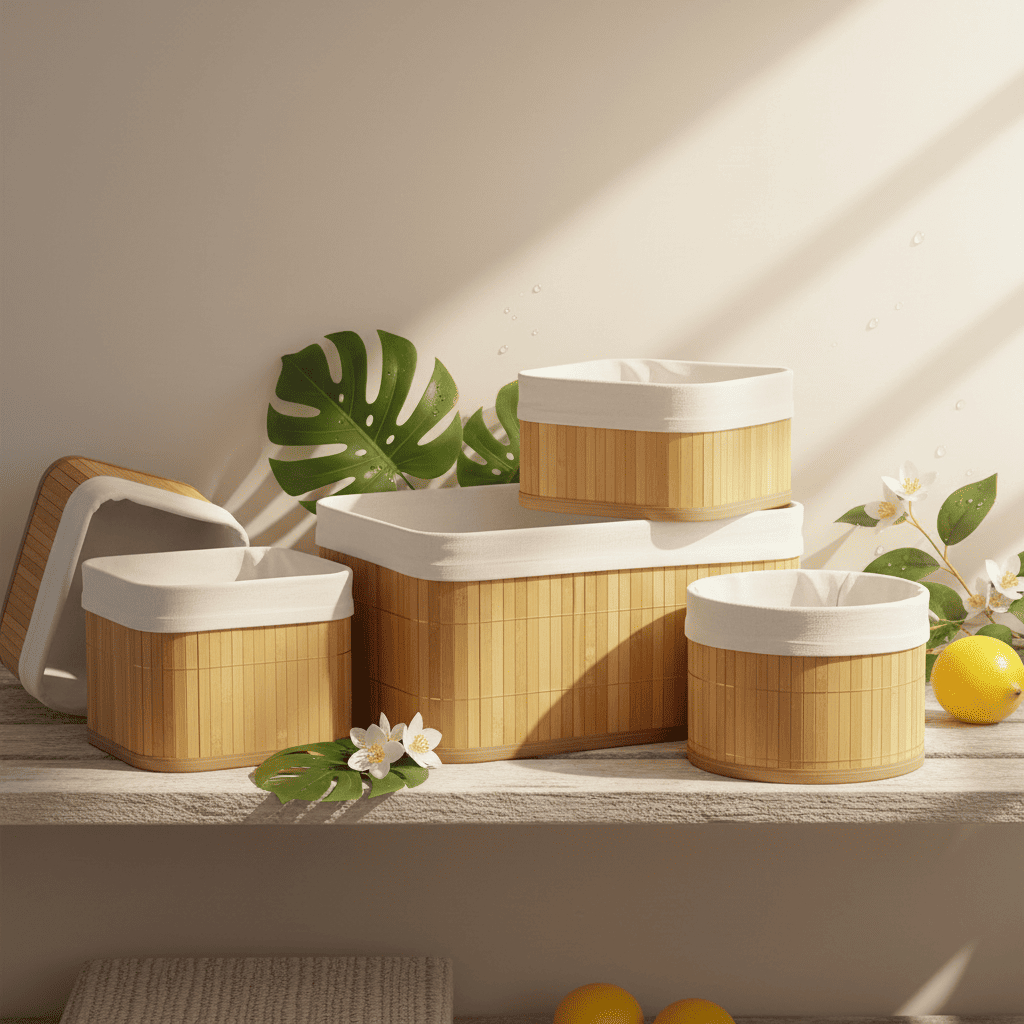 Kit 4 Cestos Multiuso de Bambu com Forro Organizadores Naturais e Decorativos para Casa e Lavanderia Organização