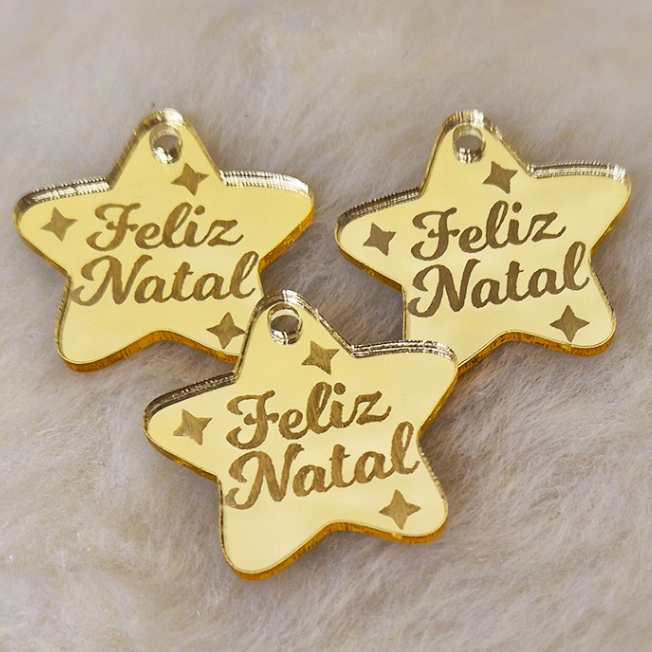 Tag Aplique estrela  etiqueta acrilico espelhado dourado Natal crochê plaquinha