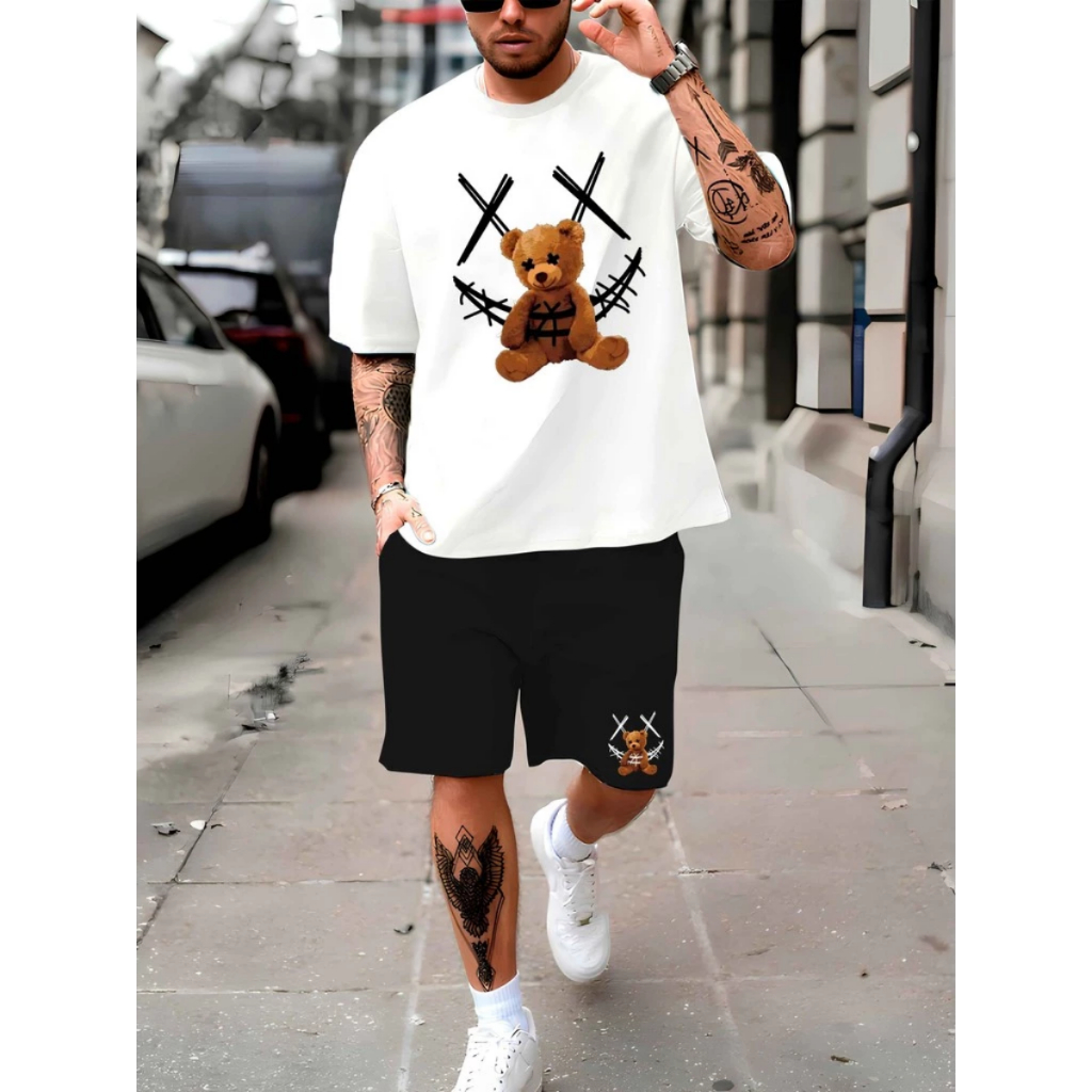 Kit Camisa e Short Tactel Masculino Estiloso Casual Confortavel Moderno Urso Academia Tendencia