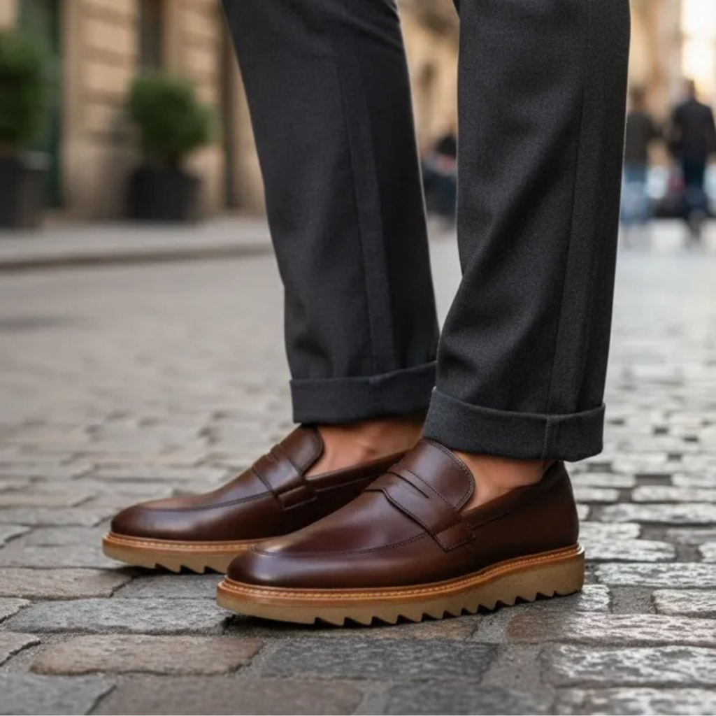 Sapato Casual Masculino Mocassim Tratorado Sola Alta Derby Linha Premium