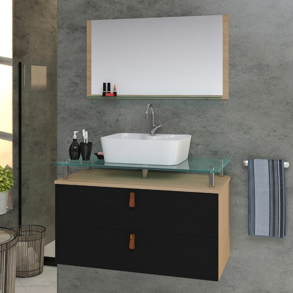 Conjunto Gabinete Banheiro Toquio 60cm MDF + Espelheira + Cuba + tampo de vidro temperado em Oferta na Shopee