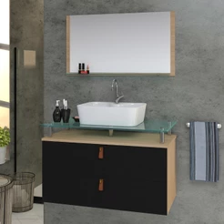 Conjunto Gabinete Banheiro Toquio 60cm MDF + Espelheira + Cuba + tampo de vidro temperado