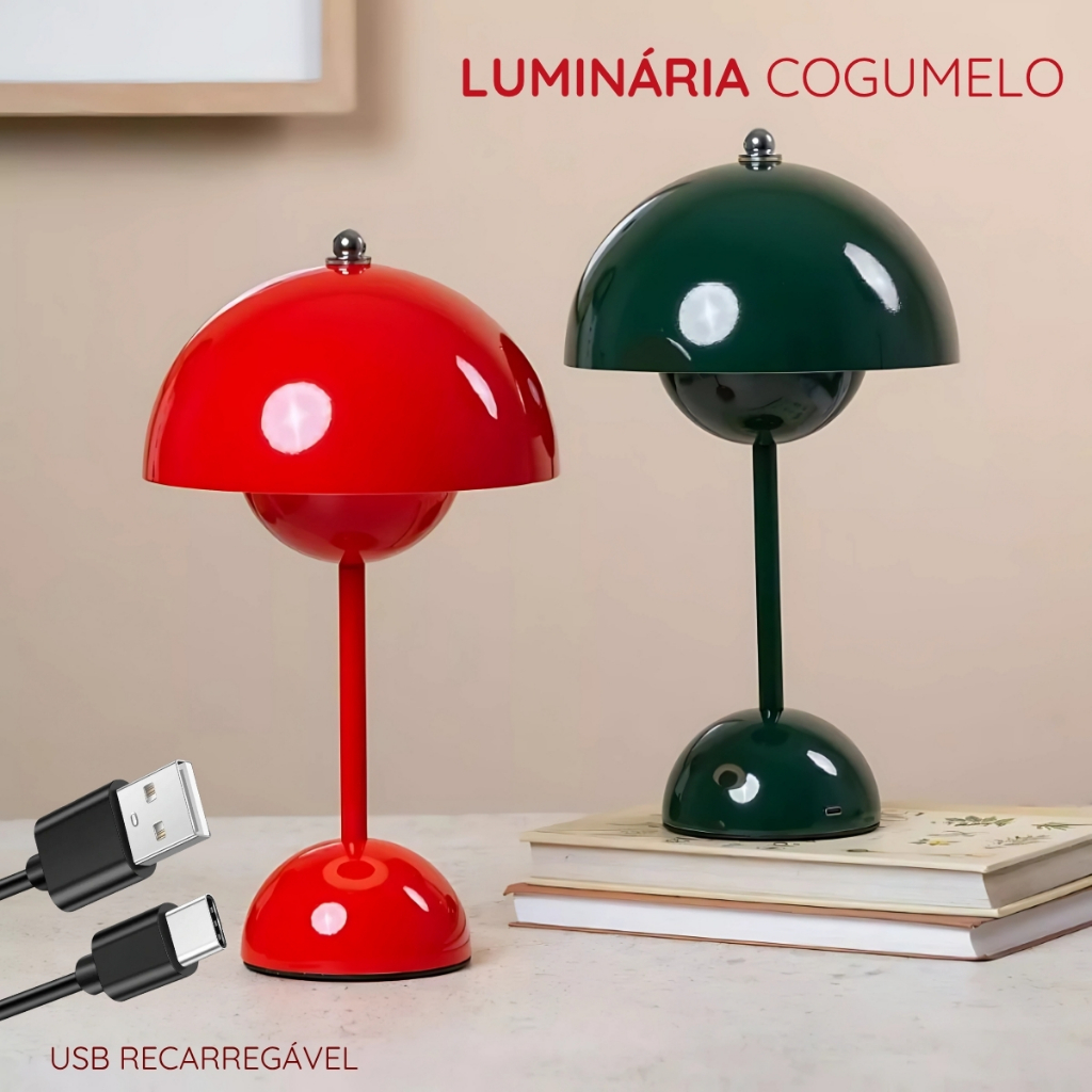 luminária Abajur De Mesa Cogumelo USB Recarregável LED Touch