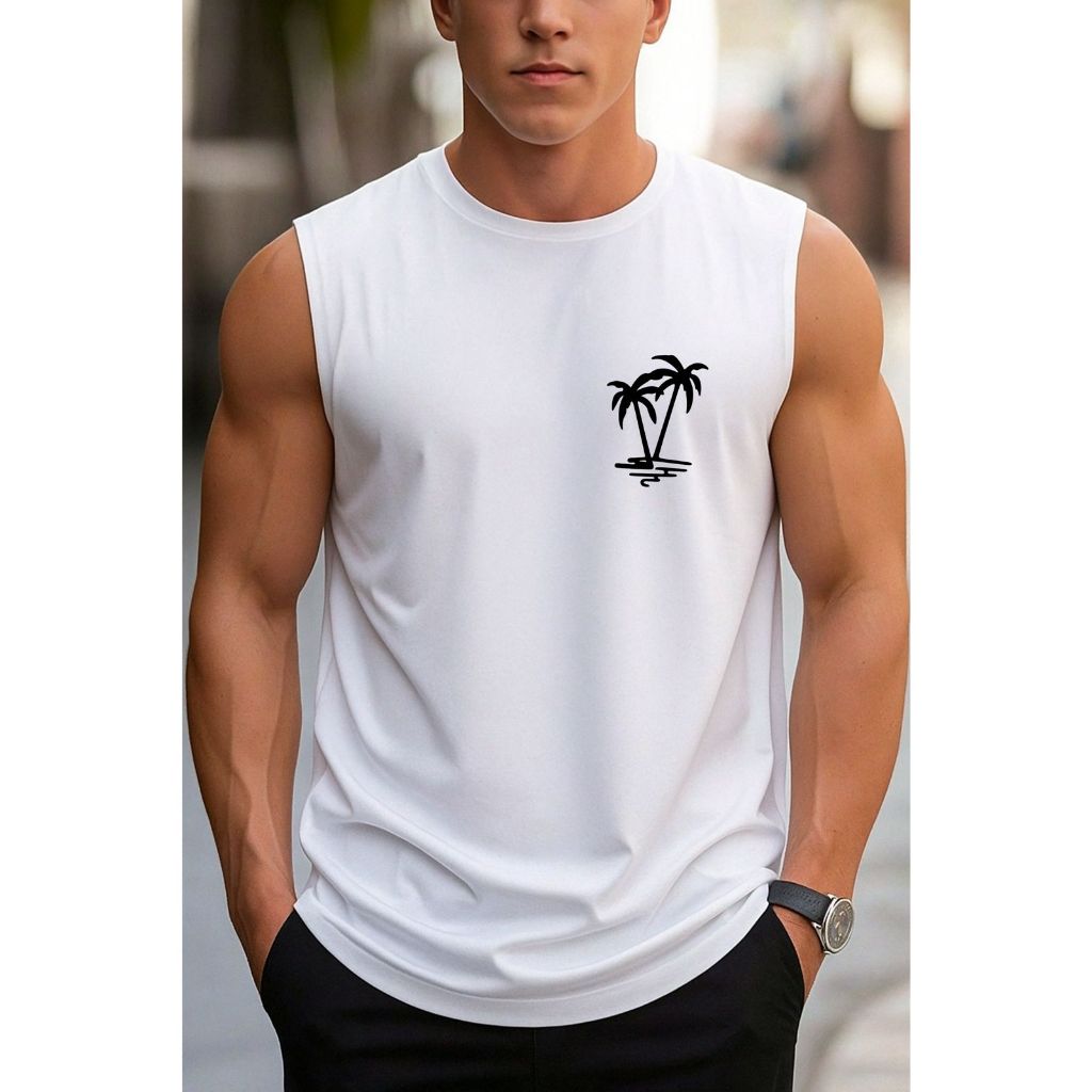Regata Masculina Estampada Coqueiro Frente e Costa | Camiseta Cavada Verão Praia Streetwear Algodão