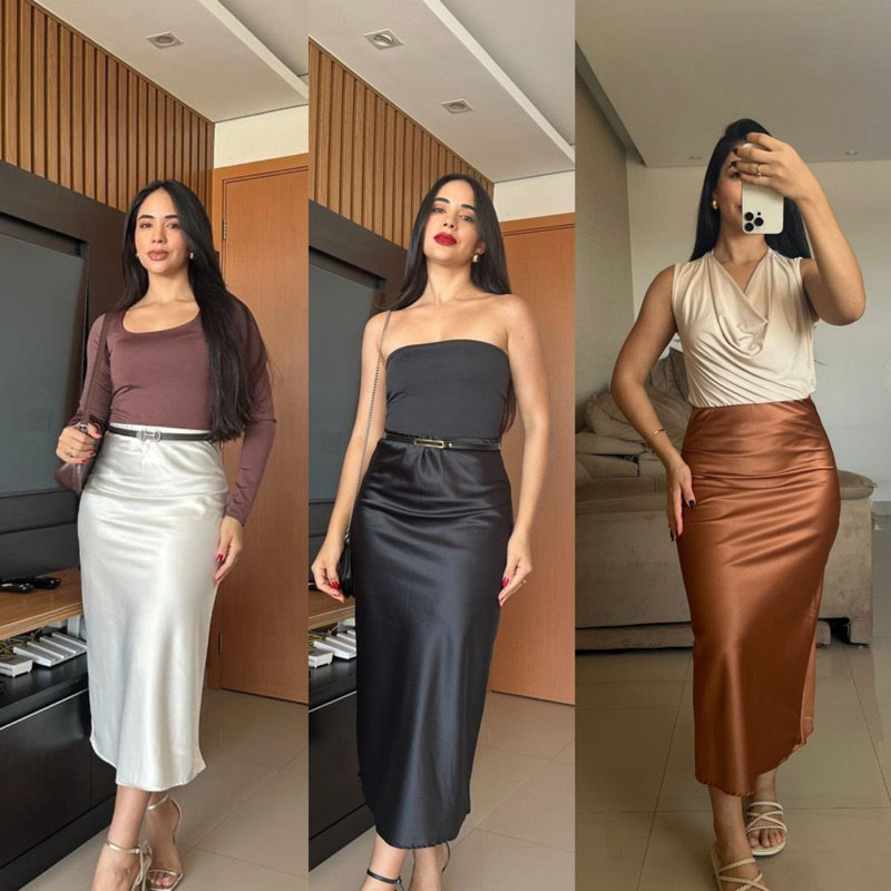 Saia de cetim Modelinho Evasê em Oferta na Shopee