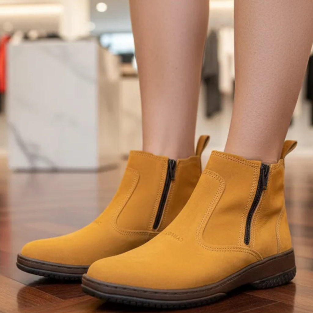 Bota Feminina Country Casual Social Botina de Mulher Couro Nobuck 100% Legitimo Botina Cor Amarelo Solado Costurado 2220