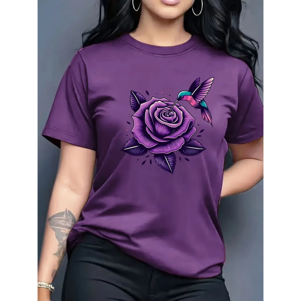 T-SHIRT FEMININA CASUAL ALGODÃO PREMIUM FLOR BEIJA-FLOR ROXA