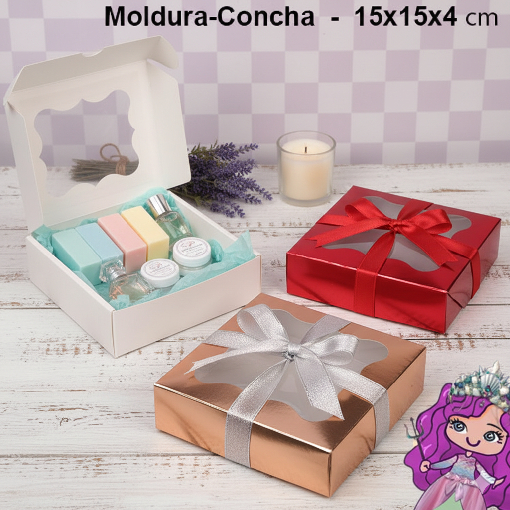 Embalagem Moldura Concha com Visor em papel Laminado Colorido- 15x15x04cm- Pacotes com 10 unidades em Oferta na Shopee
