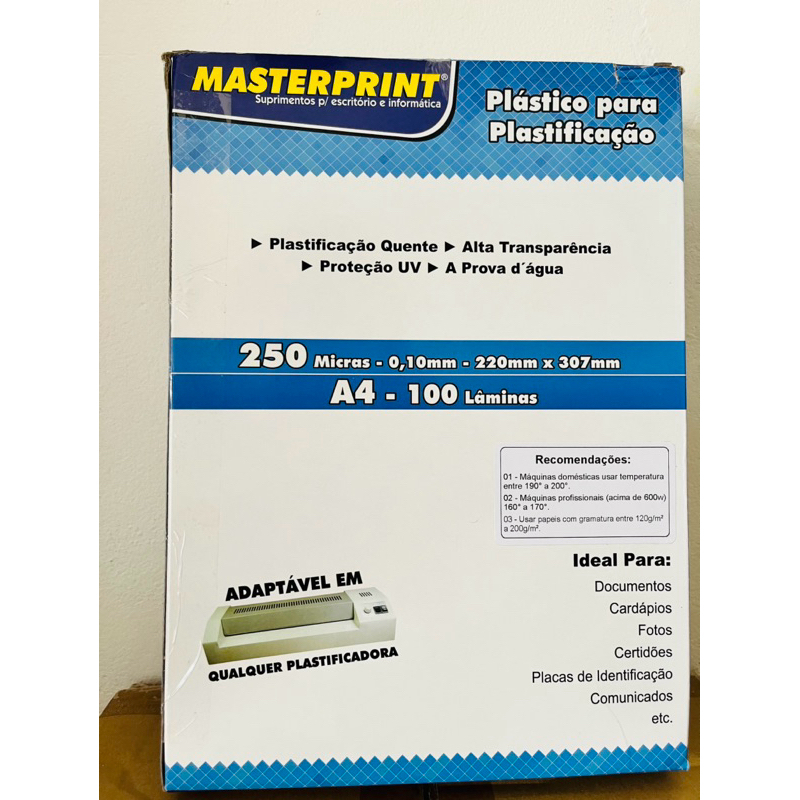 Polaseal Plástico p/ Plastificação 100 Folhas A4 220x307 0.10 250 Micras Com Brilho Masterprint