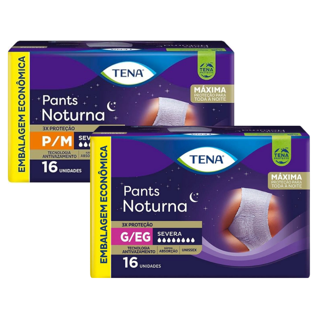 Fralda Geriátrica Descartável na Promoção Tena Pants Noturna - Tamanhos P/M, G/EG - 16 Unidades