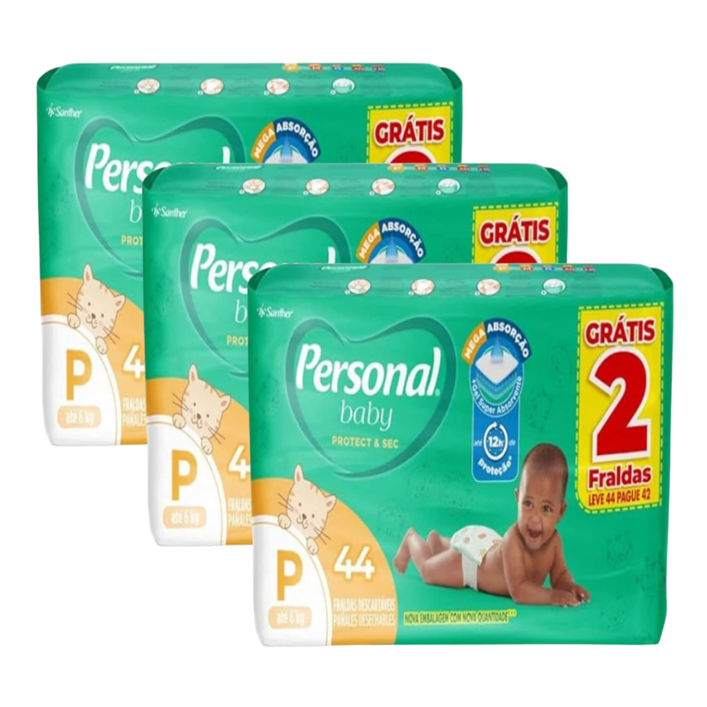 Kit 3 Pacotes Fraldas Descartáveis Personal Baby Protect & Sec MEGA - Tam P - 132 unidades