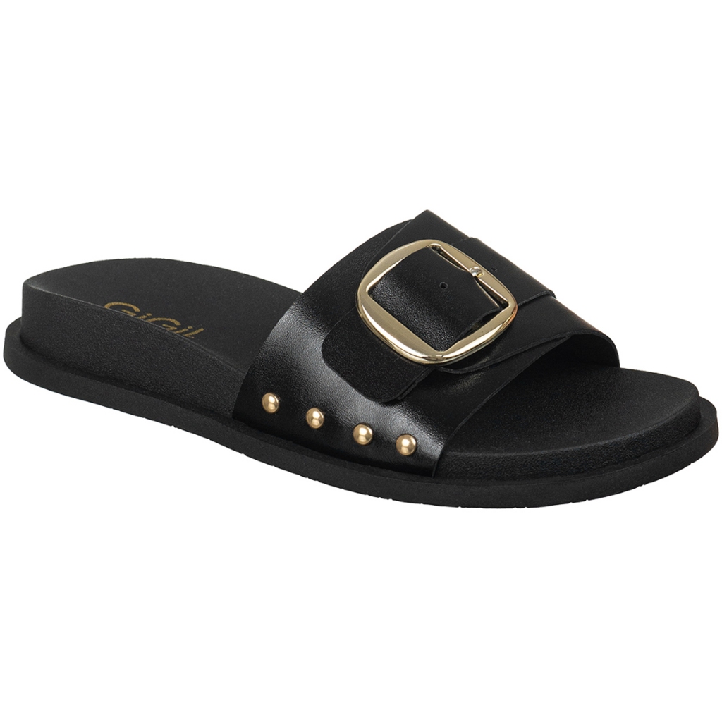 Sandália Feminina GiGiL Papete Rasteira Slide Fivela Tachas Metalizadas Confortável em Oferta na Shopee