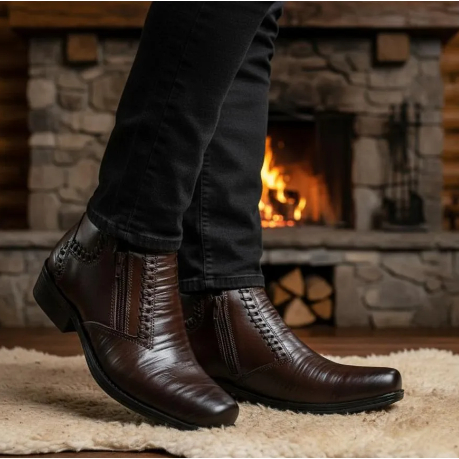 Bota Botina Masculina de Couro Legitimo Leve Confortável Elegante Bota Jungle Social Casual com Zíper Lateral Promoção