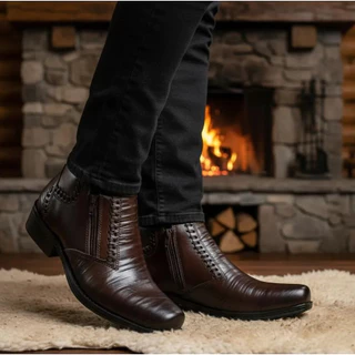 Bota Botina Masculina de Couro Legitimo Leve Confortável Elegante Bota Jungle Social Casual com Zípe