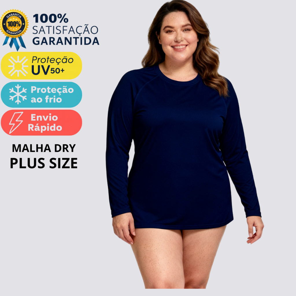 Camiseta Feminina Plus Size Manga Longa Proteção UV 50+ Térmica Segunda PeleAlta Elasticidade em Oferta na Shopee