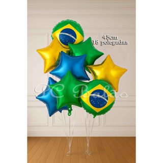 Kit 8 Balões Metalizados 2 Bandeira do BRASIL 7 Estrela ( 2 DOURADO 2 VERDE 2 AZUL ) Copa do Brasil em Oferta na Shopee