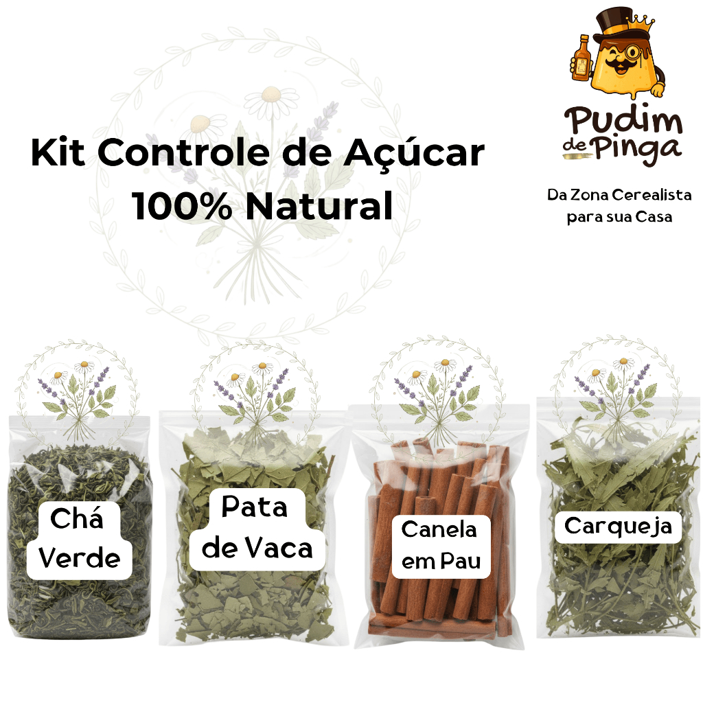 Kit Cha Controle de Açúcar Canela em Pau, Pata de Vaca, Carqueja e Chá Verde - Ervas 100% Natural