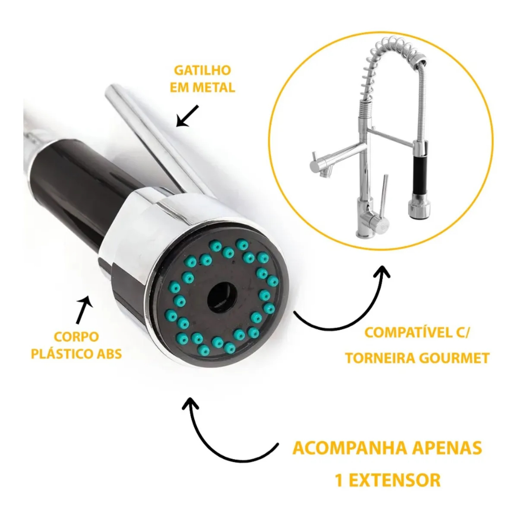Bico Torneira Gourmet Chuveirinho Pulverizador Gatilho Arejador Cromado E Preto Brilhante escovado