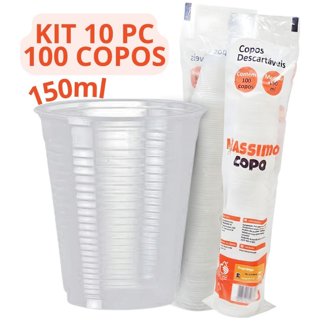 Copo Plástico Descartável 150 Ml Branco Ps Descartável 10 Pacotes Kit 1000 Copos