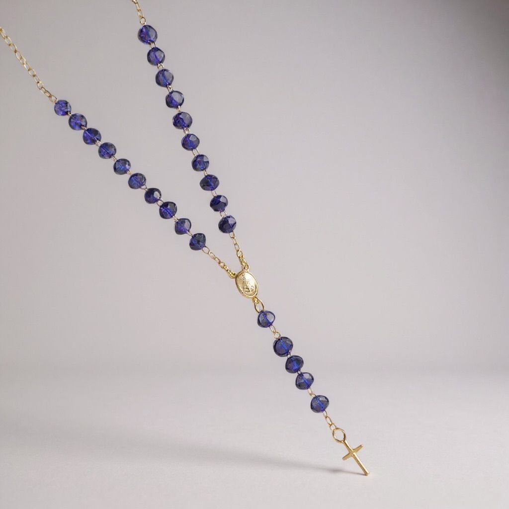 Terço de Pescoço Folheado Nossa Senhora Aparecida Cristal Azul com Fecho