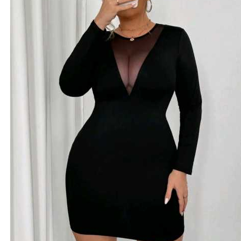 Vestido Preto Plus Size  com Lycra e Decote em Tule – Manga Longa Elegante em Oferta na Shopee