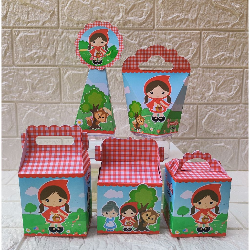Kit Caixinhas Papelaria Personalizada Chapeuzinho Vermelho Lembrancinha Surpresa Aniversário Festa Infantil Desmontado