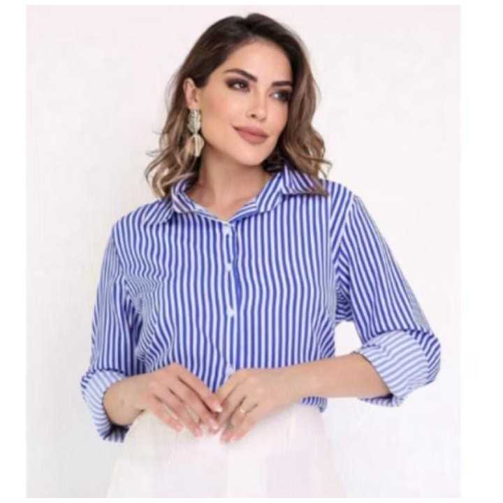 Camisa Feminina Listrada com Botões LONGA – Estilo Casual Chic
