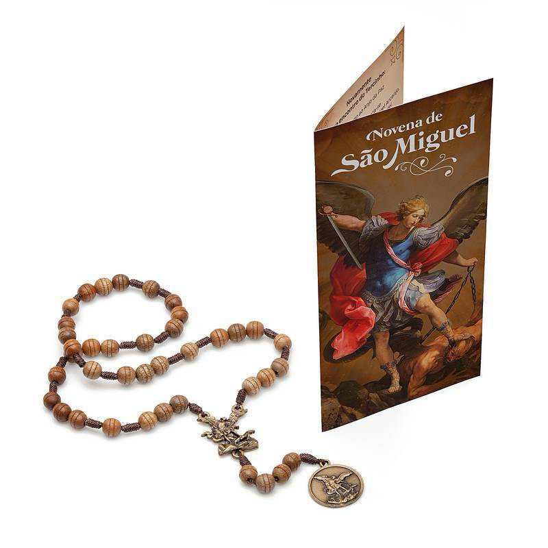 Terço da Novena de São Miguel Arcanjo em Madeira de Imbuia 7MM com Folheto