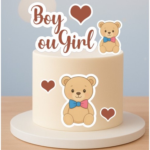 Topper de bolo chá revelação | Ursinhos | Festa Menino ou Menina | decoração cha de bebe