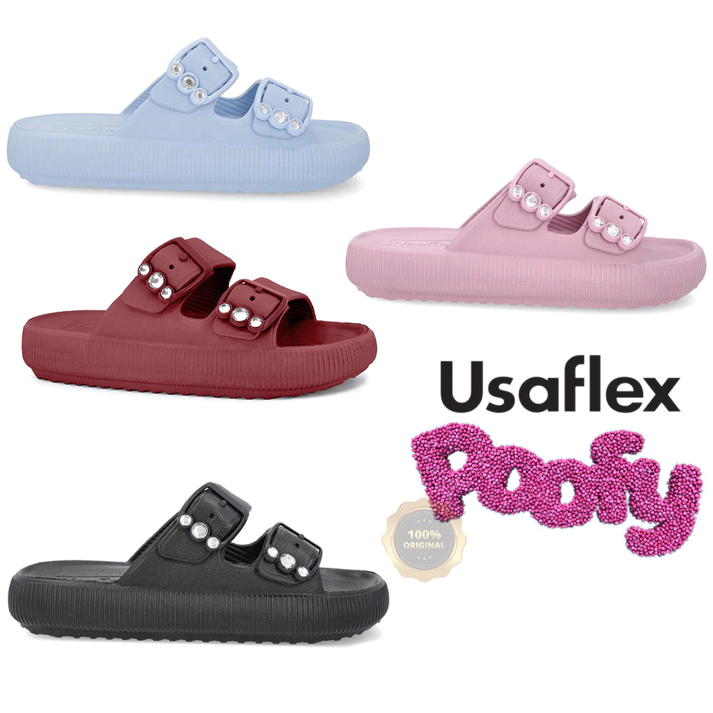 Chinelo Nuvem Usaflex Ortopédico Slide Poofy Ajustável Com Fivela E Brilho de EVA Super Leve
