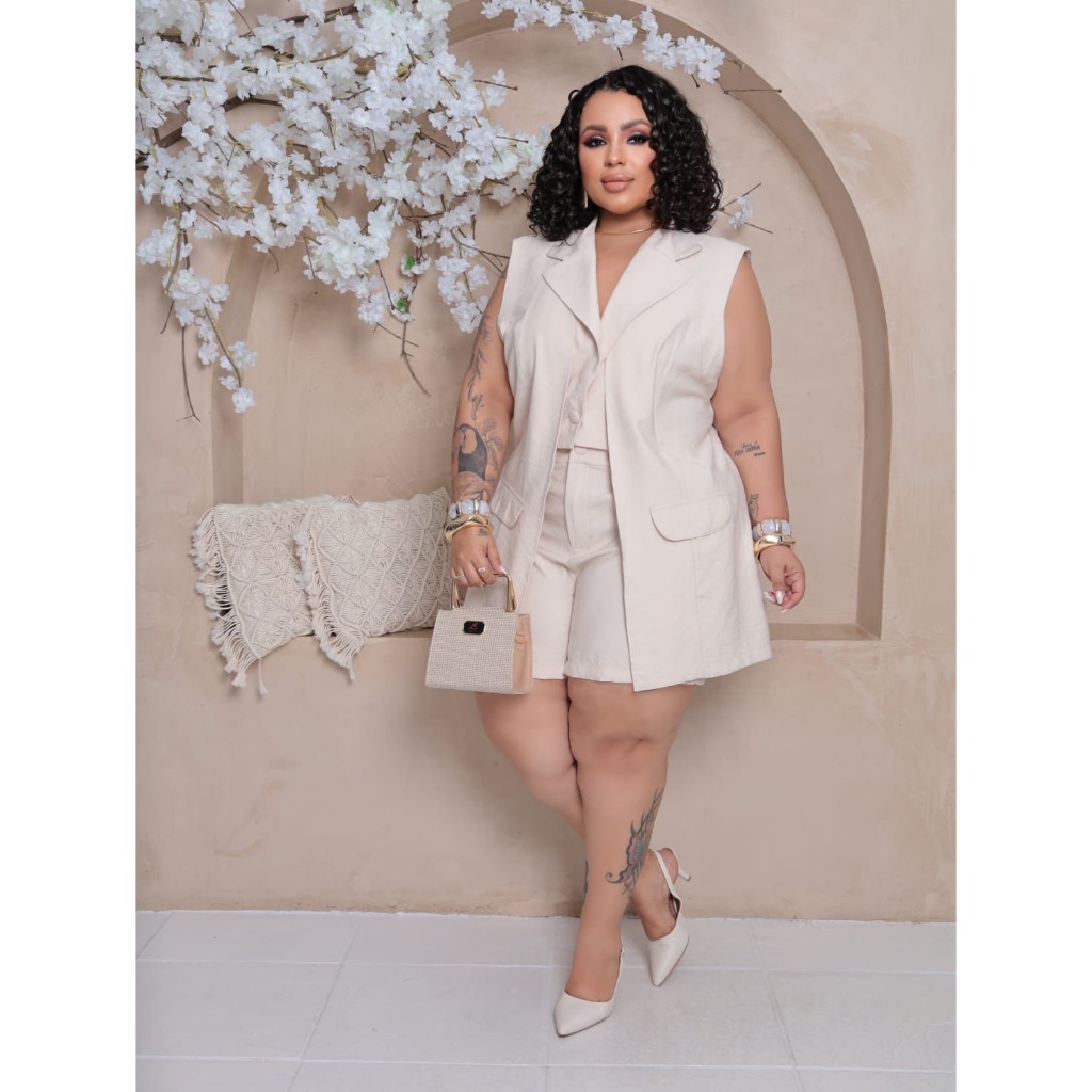 Conjunto Alfaiataria feminino - Colete e Short em Oferta na Shopee