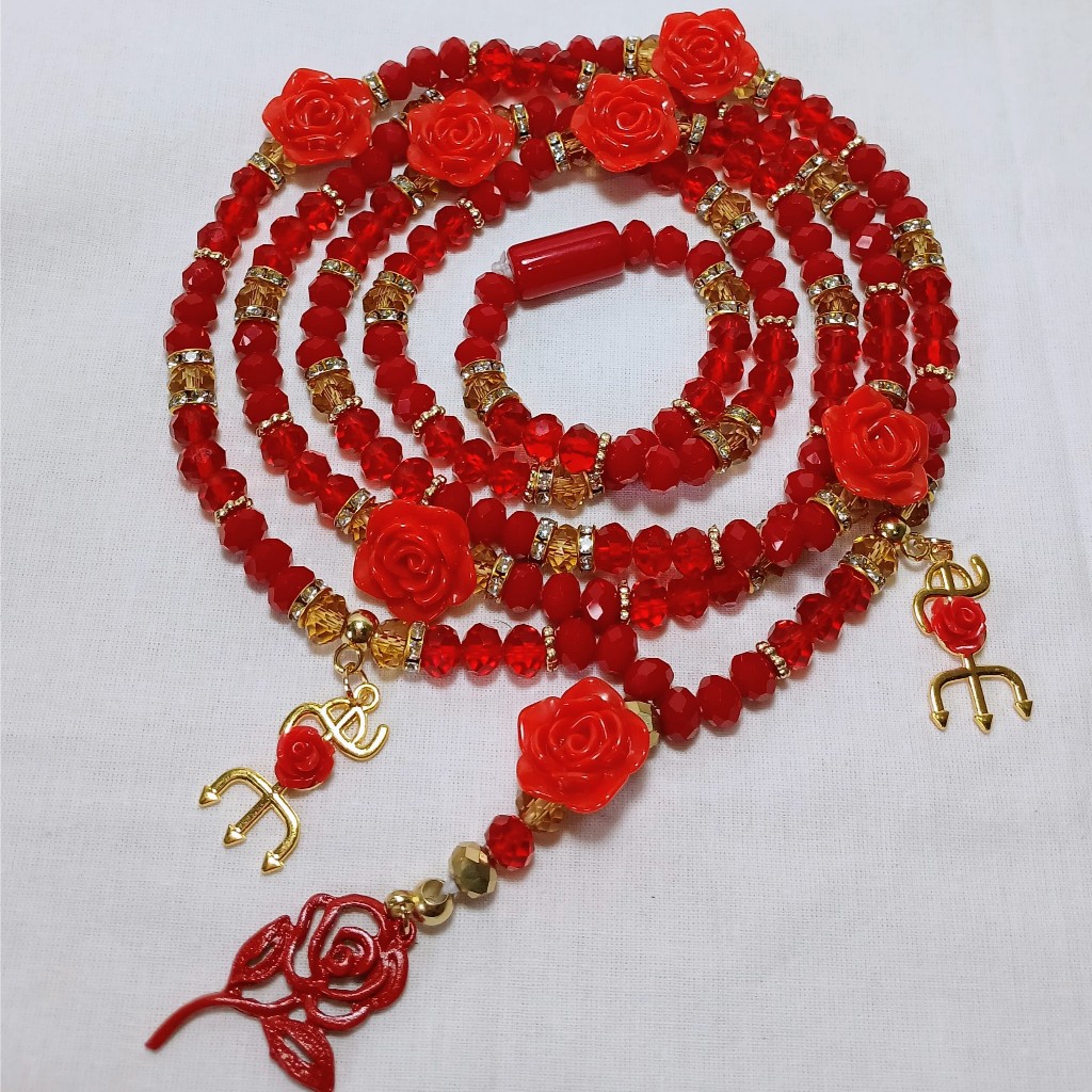Guia Fio de Conta Pombagira Rosa Vermelha com Pingente Rosas Vermelhas Cristal Vermelho e Dourado 8 MM Umbanda Candomblé