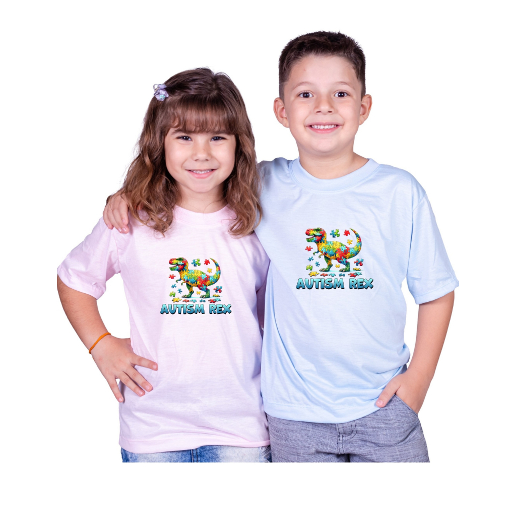 Camiseta Autismo Rex Infantil Dinossauro Puzzles Colorido Autismo