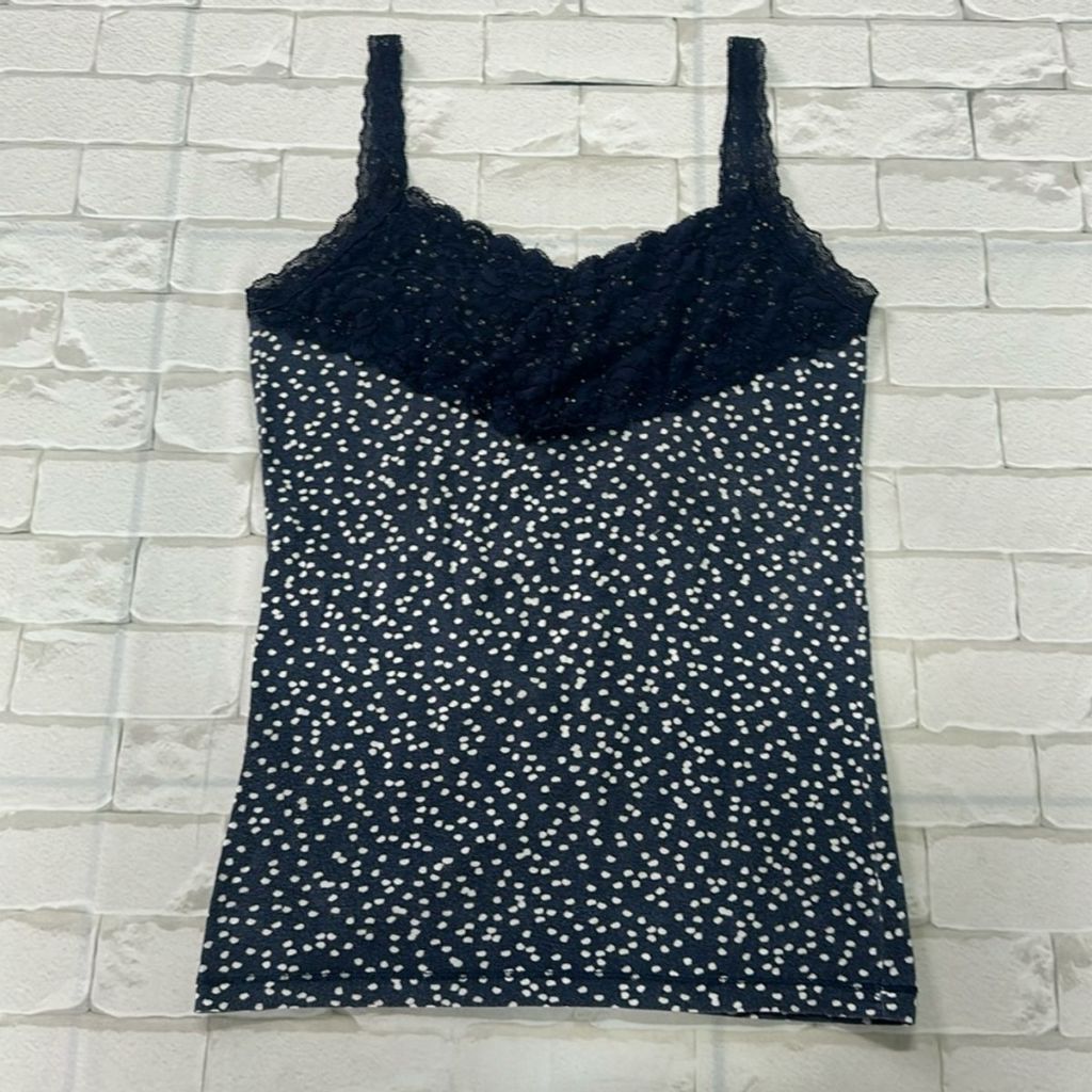 blusa de alcinha azul escuro com branco com acabamento em renda original hering P, blusa casual renda P (bazar)