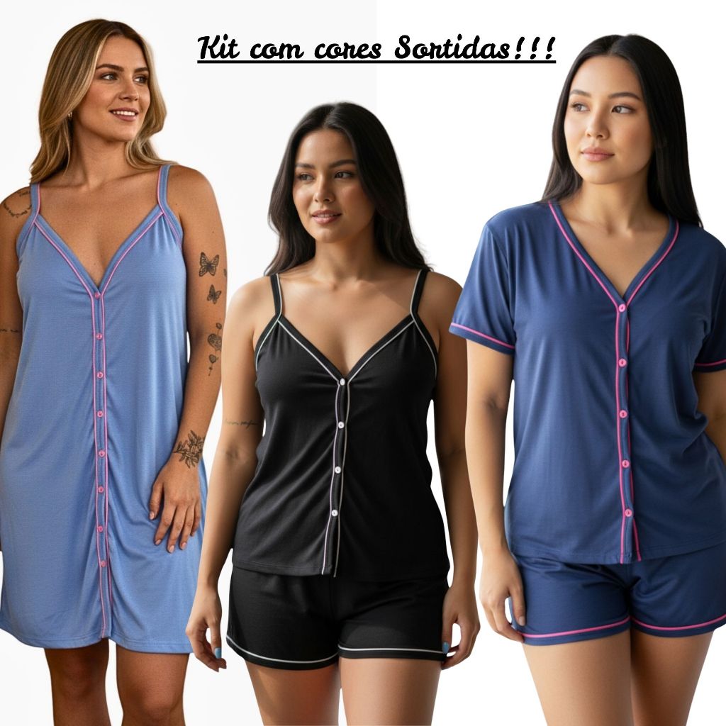 Kit 3 Pijamas Amamentação Americano Cirúrgico em Malha Cores Sortidas com Botão