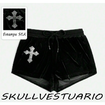 Short Grunge Punk Veludo Cristal Cruz Premium Skullvestuario Streetwear em Oferta na Shopee