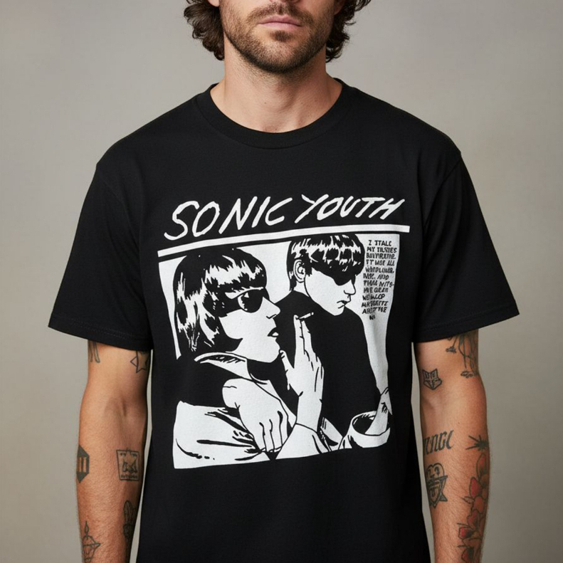 Camiseta banda de rock alternativo grunge Sonic Youth malha 100% algodão estampa em silk Preta