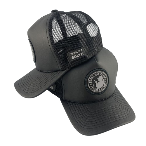 BONÉ preto de COURO sintético feminino para pescaria - PESCA DAS GURIAS - TRUCKER