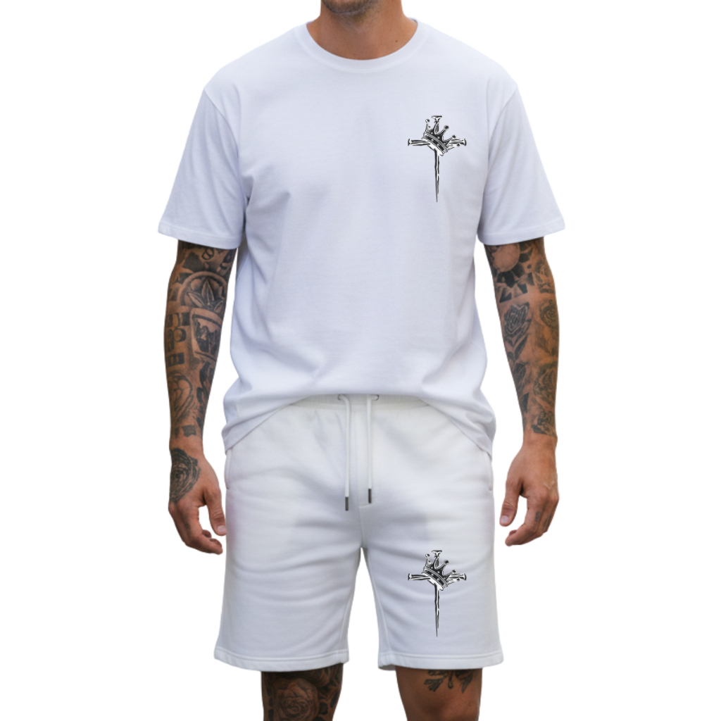 Kit Camiseta e Short Masculino Casual Estampado Cruz Conjunto Moletom Verão Streetwear Estilo Urbano