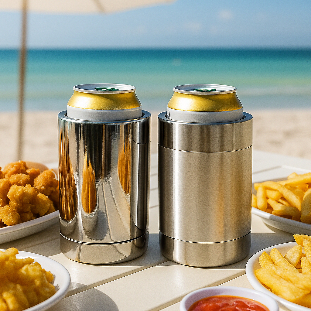 Porta Lata Térmico para Lata 350ml em Alumínio com Isolamento em Isopor Polido ou Escovado