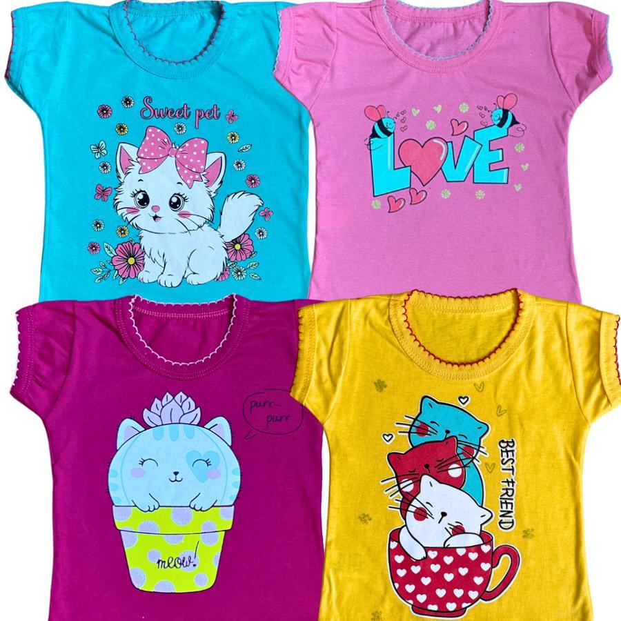 Camiseta Feminina Kit Sortido Com 4 Blusas Infantil Juvenil 100% Algodão Varias Estampas 0 a 10 anos