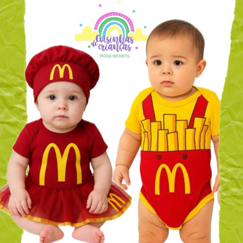 Body McDonald fantasia Mc Donald mesversário temático saia McDonald gorro