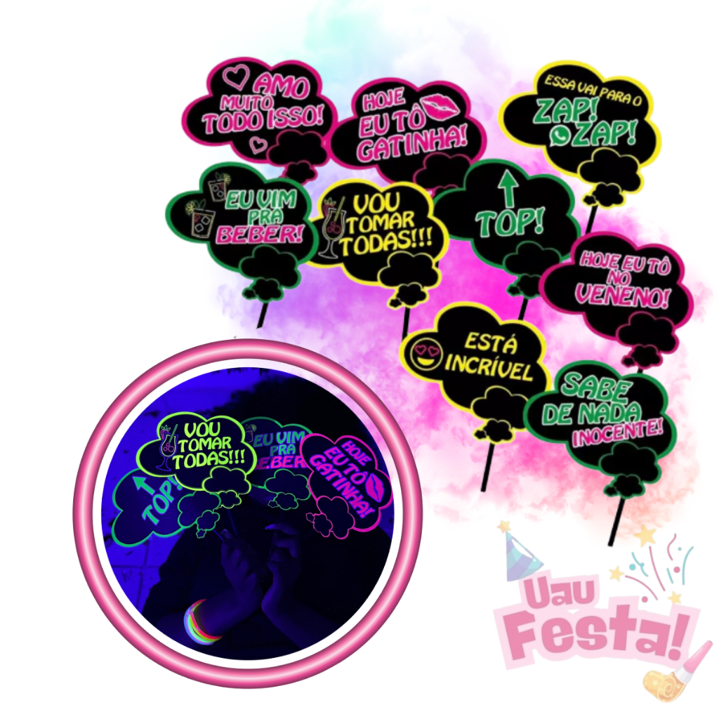 Plaquinhas Neon Divertidas 20un Brilha com Luz Negra Festa Casamento para Fotos em Oferta na Shopee