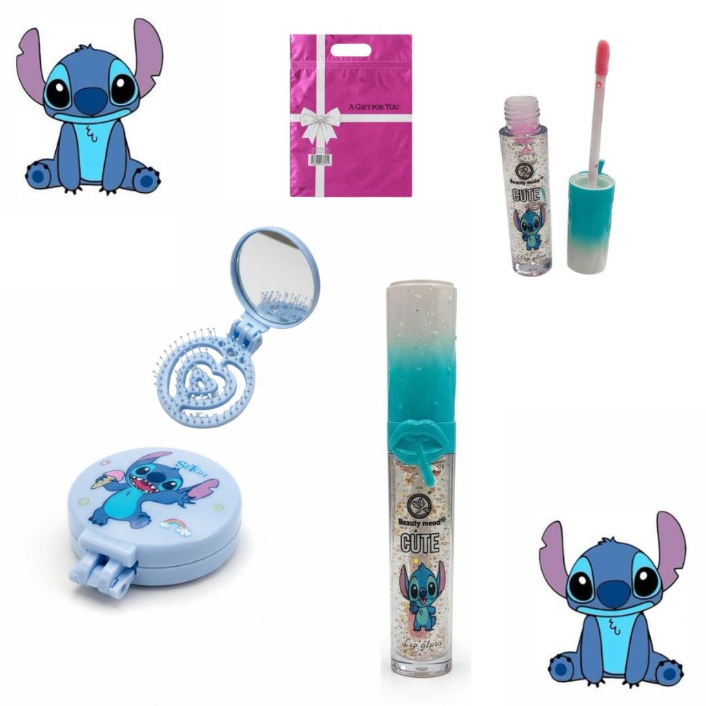 Kit Lilo & Stitch Glos Labial Azul +Escova de Cabelo Stitch Disney Infantil Cerdas Ultramacias Aplique Emborrachado 3D