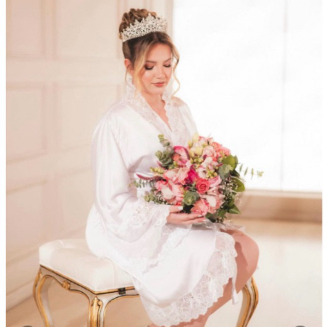 Robe Roupão Luxo  seda Renda Chantilly Noiva Debutante Madrinha Mãe da Noiva Mãe do Noiva casamento
