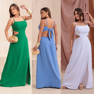 Vestido Longo Feminino Com Fenda Casual Estiliso Vestido Com Bojo Sortido Tecido Duna em Oferta na Shopee