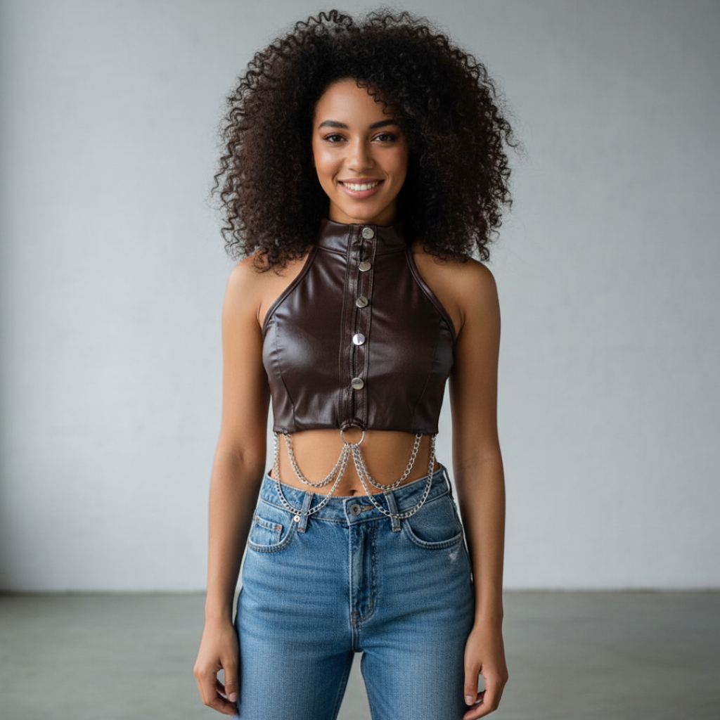 Cropped Corset Etiene Chocolate Feminino Com Bojo Cyberpunk Espartilho Tendência Blogueira