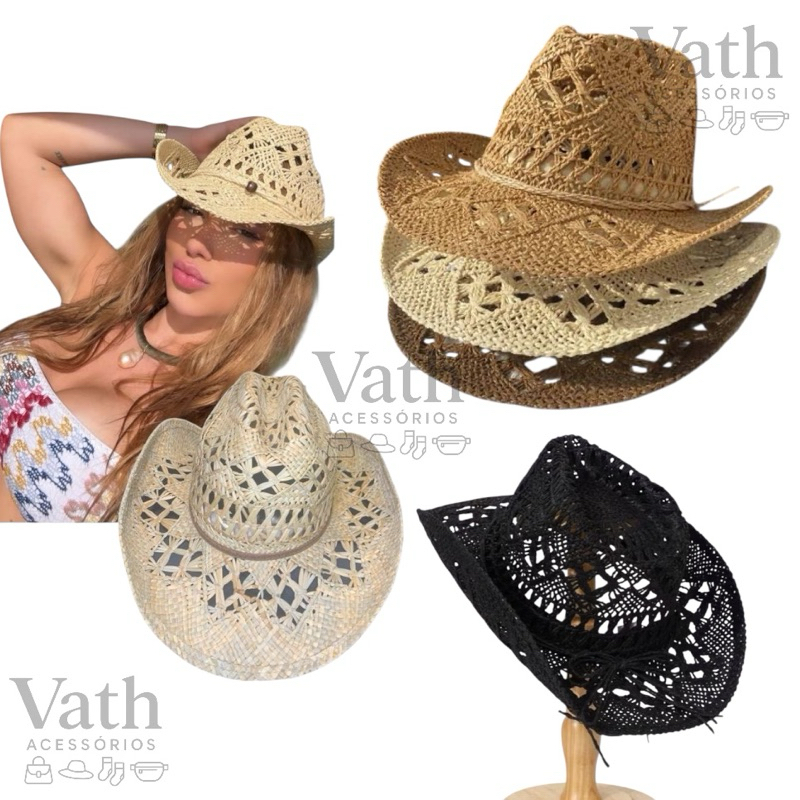 Chapéu Country Unissex Palha Sintética Cowboy Verão Rodeio Sertanejo Praia - Interior Ajustável