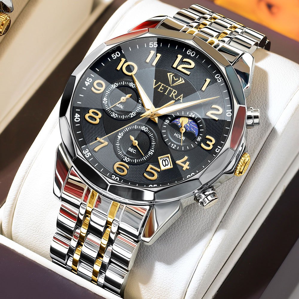 VETRA Relógio Masculino Original Relogio Multifuncional a Prova d Água Presente para Homem Aço Inoxidável Preto 3676