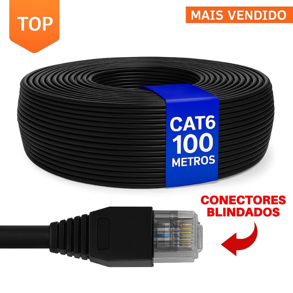 Cabo de REDE CAT6 PRETO 100 Metros Alta Velocidade Notebook - PS4- PS5 - XBOX - TV BOX DVR Camera